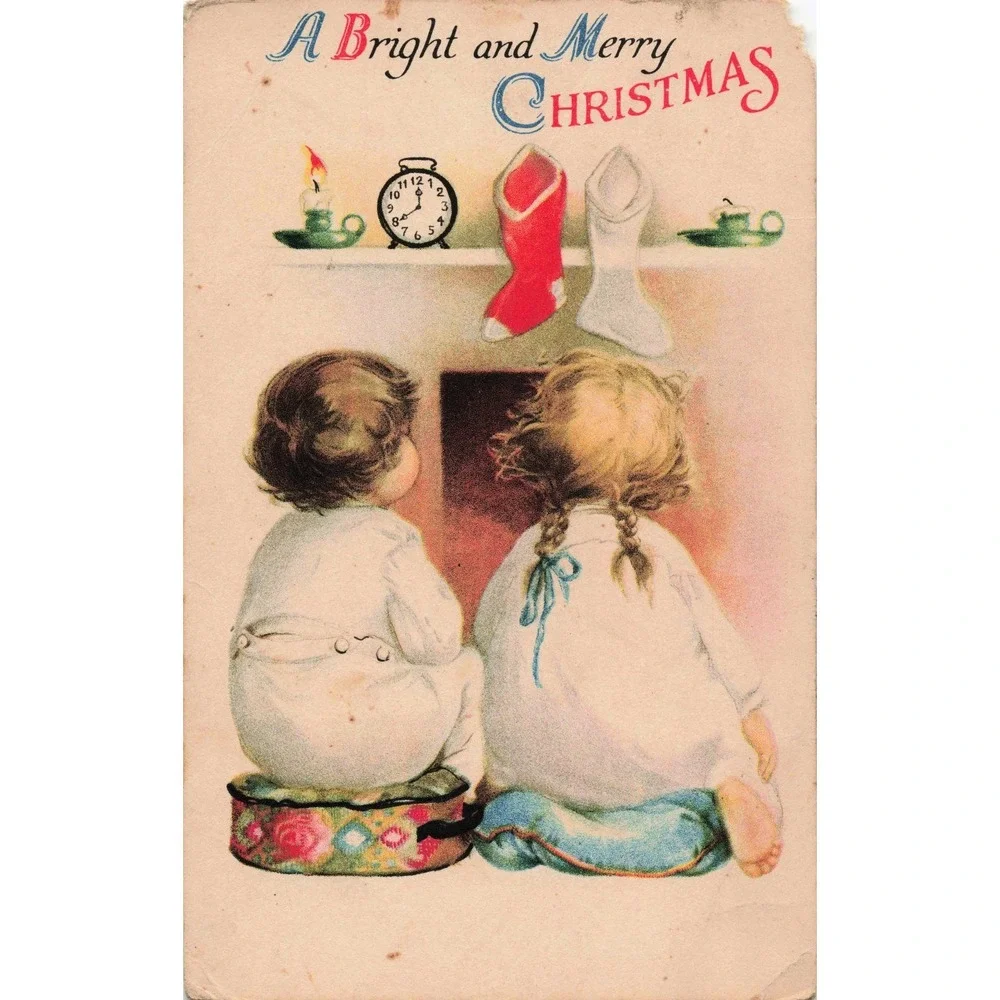 Christmas Postcard Wolf & Co Children Fireplace Stockings c1910 Divided Back